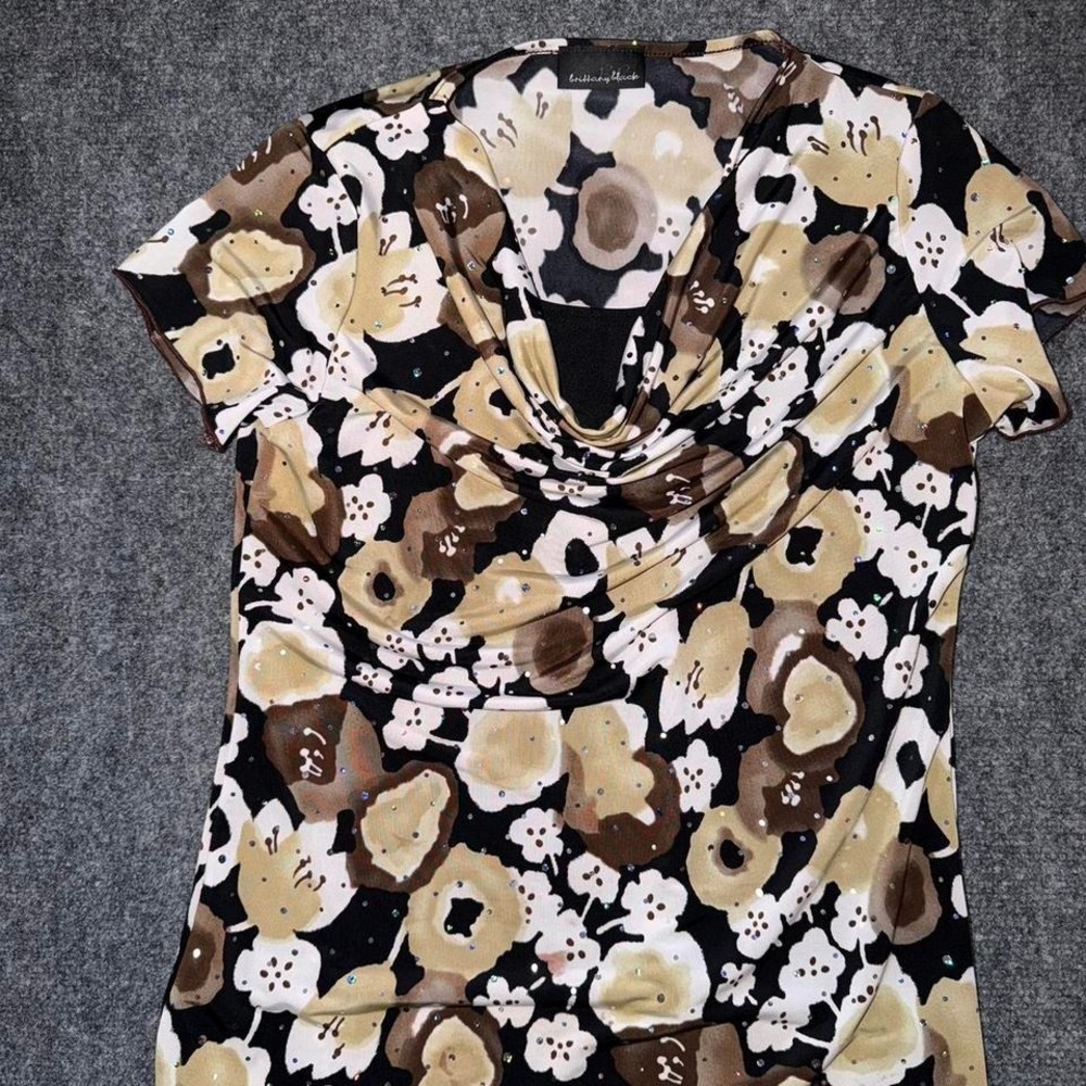 Y2K Brittany Black cowl neck floral sequins blouse built in cami dress